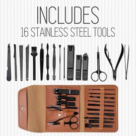Manicure Set Professional Nail Clippers Pedicure Kit 16pcs, Portable Stainless Steel Nail Kit Nail Clipper Set Manicure Set, Pedicure Kit Grooming Kit with Brown Leather Case for Men Women (Brown)