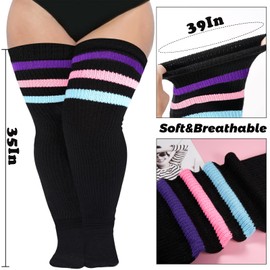 Abodhu Plus Size Thigh High Socks for Thick Thighs Women- Extra Long Widened Extra Long Thick Knit (Black & Rainbow Striped)