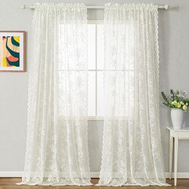 H.ebony Lace Curtains 108 Inch Length, Country Floral Lace Curtains for Bedroom, Scalloped Lace Sheer Curtains, Rod Pocket Beige Lace Curtains, Privacy Lace Window Curtains, 52 x 108 Inch, 2 Panels