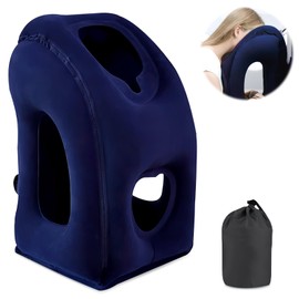LEKEFETO Inflatable Travel Pillow Neck Pillow Inflatable Pillow Portable Travel Pillow Neck Support Pillow Comfortable Supports Head and Chin for Car, Plane, Train Train, Camping, Navy Blue