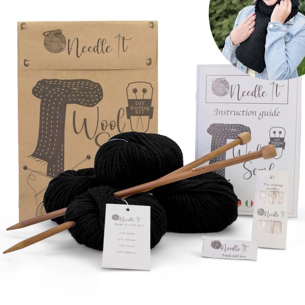 NEEDLE IT® – Kit completo per principianti con ferri da maglia – Sciarpa in lana per maglieria - Idea regalo (Nero)