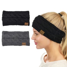 MIRKUZI Fashion Headbands for Women 2 Pack Knitted Winter Headbands for Women and Girls, Crochet Headbands, Thickened Hair Bands, Warm Headbands (Black Grey)