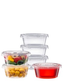 Pantry Value [3.25 oz. - 100 Count Clear Disposable Plastic Portion Cups with Lids - Small Plastic Condiment Containers for Sauce, Salad Dressings & Portion Control