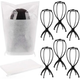 AcDesign - Paquete de 6 soportes para peluca con 6 bolsas para el polvo, soporte para la cabeza de peluca para mujer, múltiples pelucas para peinar y viajar, color negro