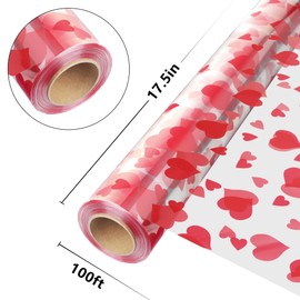 JOYIT 100ft Clear Cellophane Wrap Roll with Heart (17.5 in x 100 ft) - 3 Mil Thick Red Heart Cellophane Roll, Heart Cellophane Bags Large for Flower Gift Baskets Wrapping
