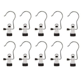 Pack of 10 Hooks with Clamp Stainless Steel Laundry Hooks Non-Slip Clothes Hanger Clip 360° Rotatable Boot Clips Metal Clips Silver