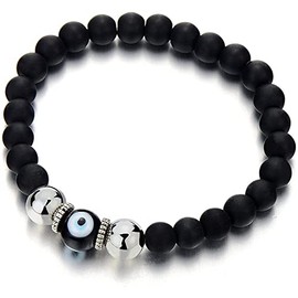 Fuqimanman2020 Glass Evil Eye Stretch Bracelet Natual Stone Gemstones Mala Lava Rock Healing Crystal Quartz Elastic Unisex Protection Prayer Jewelry-Black
