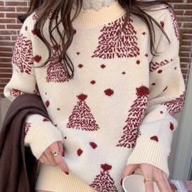 Oversized Yet Slimming Round Neck Long Sleeve Autumn/Winter Snowflake Christmas Top lf1114 One Size/Dark Red-One Size 2ea