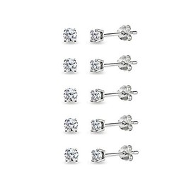 5-Pair Set Sterling Silver Cubic Zirconia 5mm Round Stud Earrings