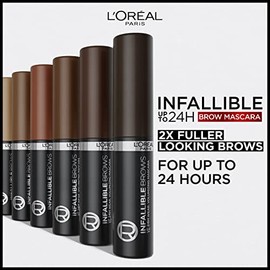 L'Oreal Paris Infallible Volumizing 24H Wear Máscara para cejas, maquillaje de cejas de larga duración para cejas 2 veces más completas, 6.0 castaño c