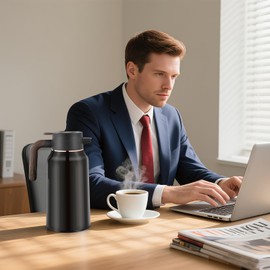 70oz Vacuum Insulated Coffee Carafe - 2L Stainless Steel Thermal Insulated Jug with Ergonomic Handle for Coffee, Tea & Water, Drip-Free Double Wall Design Keeps Beverages Hot/Cold (Black)