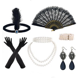 wokdsbl 8 Pieces 1920s Accessories 20s Jewellery Sets for Women 20's Theme Set with Pearl Necklace, Earrings, Tiara, Fans, Gloves 1920s Great Gatsby Theme Party Accessories for Women, Pearl