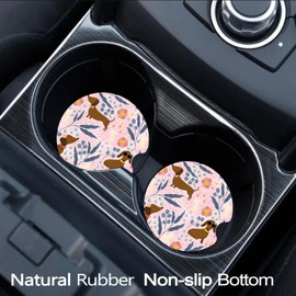 FJyuanqi Car Coasters for Cup Holders, 2 Pack Anti Slip Universal Rubber Car Cup Coaster for Women Men, Car Interior Accessories - Dachshund Flower Floral