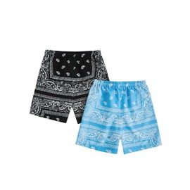 Floerns Boy's 2 Pcs Bandana Shorts Boho Paisley Graphic Print Drawstring Waist Summer Beach Drip Shorts with Pockets Blue & Black Paisley 8 Years