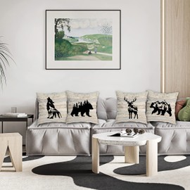 PUHEI Woodland Wild Animal Wolf Elk Bear Deer Forest Camping Throw Pillow Covers, Wildlife Lover Camper Gifts for Men Women, Wildlife Rustic Pillow Cases 18 x 18 Inch Home Room Bed Sofa Decor Set Of 4