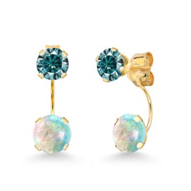 Gem Stone King 14K Yellow Gold White Opal and Blue Moissanite Dual Drop 2 Stone Round Earrings for Women (3.00 Cttw, Gemstone Birthstone, Round 6MM and 5MM)