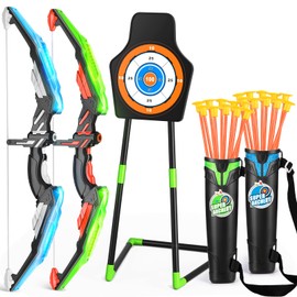 TEMI 2 Pack Archery Set - Includes 2 Bows, 20 Suction Cup Arrows & 2 Quivers & Standing Target, Outdoor Light Up Toys for Kids Boys Girls