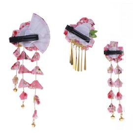 C-122-1 Pink Handmade Fan Shape Sakura Cherry Blossom Fabric Flowers Tassels Hair Clip Hair Clip Japanese Geisha Kimono Accessory Set of 3