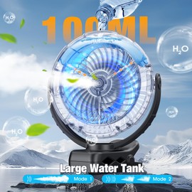 Ausic Portable Misting Clip on Fan, 100ml Camping Stroller Fan with Mist, 5200mAh Outdoor Rechargeable Battery Operated Fans, 360° Rotate Cooling Spray Fans for Travel/Home/Beach/Golf Cart
