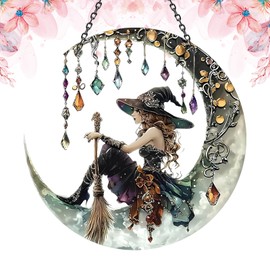 Mystical Witch Sun Catcher, Colorful Acrylic Stained Glass Effect Window Hanging Suncatcher, Gothic Moon Witch Statue Decor, Window Sun Catchers for Home Wall Art and Witch Gifts (Witch Design)