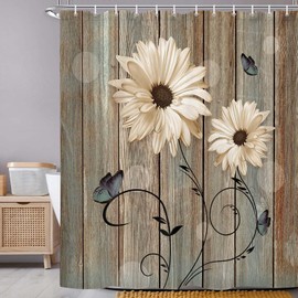 Rustic Floral Shower Curtain for Bathroom, Elegant Daisy Flower Butterflies Bath Curtains, Farmhouse Barn Wood Vintage Fabric Shower Curtain Sets with Hooks, 47x72Inches