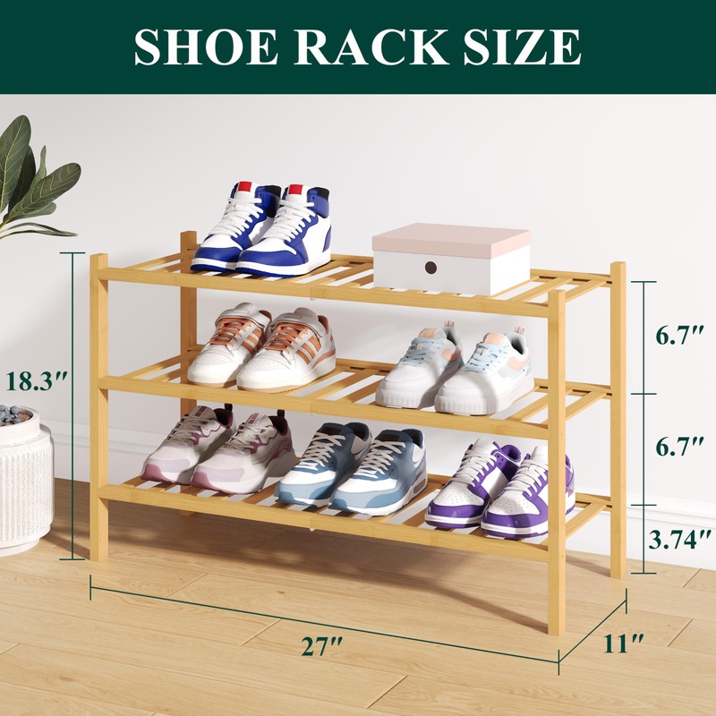 Smiry Bamboo Shoe Rack for Closet, 3 Tier Wooden Stackable