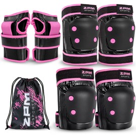 2PM SPORTS Knee Pads for Women, Wrist Guards Knee and Elbow Pads Set with Drawstring Bag, Protective Gear Set for Girls Kids Roller Skating Skateboard - Pink & Black Large