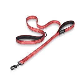 Reflective 4 Feet Nylon Dog Leash with Padded Double Handles, 2 Heavy Duty Dual Neoprene Handles for Control Safety Training Durable Traffic Handle, for Small to Medium Dog (Medium - 3/4" Width, RED)