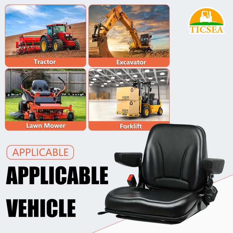 Universal Forklift Seat, Fold Down Tractor with Armrest, Retractable Safety