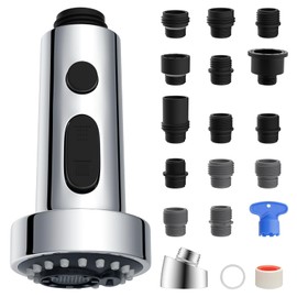 Universal Kitchen Faucet Head Replacement with 15 Adapter Kit Compatible with American Standard/Kohler/Moen/Delta, 3 Function Pull Down Sink Faucet Spray Head, Chrome