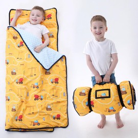 BORPRES Toddler Nap Mat-Nap Mats for Preschool Daycare Boys Girls,Kids Sleeping Mat with Removable Pillow and Blanket,Extra Thick Large Slumber Bag for Travel Camping,Gold Excavator.