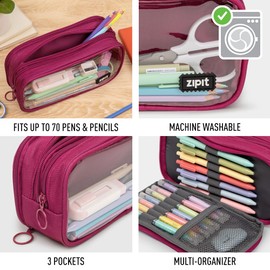 ZIPIT Half & Half Pencil Case for Adults and Teens, Large Capacity Pouch, Sturdy Pen Organizer (Pink)