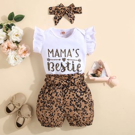 KONFEN Baby Girl Outfits Leopard Print Romper Bodysuit + Shorts + Headband 3pcs Set, Newborn Baby Girl Summer Clothes Jumpsuit Infant Outfit Set, 18-24 Month