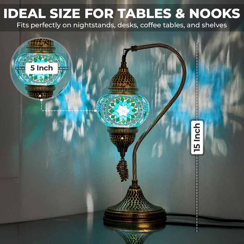 DEMMEX Turkish Moroccan Table Lamp, Swan Neck Tiffany Style Mosaic