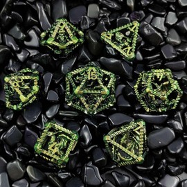 HiLLeo DND Dice Set 7pcs Metal Hollow Dragon Polyhedral D&D Dice Set for Dungeons and Dragons RPG MTG Role Playing Games Tabletop Games with Dice Box (Green)