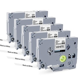 5Pack TZe-231 Tape Label Maker Compatible with Brother P-Touch TZe-231 Tape, TZE231 ½” 0.47”x 26.2 ft Laminated Black on White, for use with PT-D210, PT-H110, PT-D220, PT-D410, PT-D600