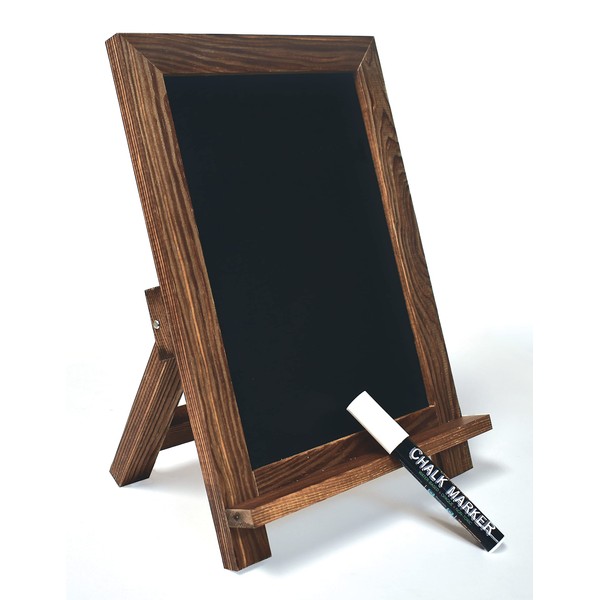 Framed Tabletop Chalkboard Sign, 9.5" x 14", Rustic Wood Frame, Small Magnetic Chalkboard, Built-in Ledge and Folding Stand, One White Chalk Marker Included, by Better Office Products (Rustic Brown)