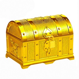 Treasure Chest, Plastic Pirate Treasure Box for Store the Pirate Party Decorations, Gold Coins, Reward Fake Money, Gemstones and Treasure Hunt, Mini Pirate Toys Chest 14 * 10 * 10 cm, Gold