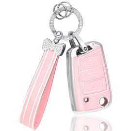 BLINGOOSE Key Case for VW Volkswagen Tiguan Polo T ROC Cross Golf 7 MK7 Touran Taigo Pink Key Accessories 3 Buttons Car Key Case Protection Glitter Key Ring TPU Girly Women