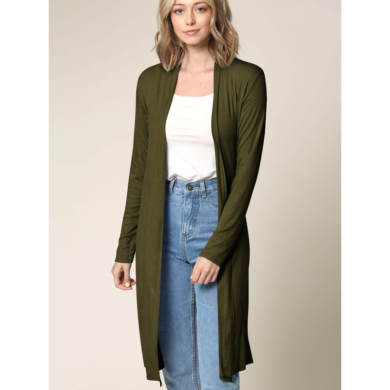 LL WSK1048 Women's Solid Casual Long Sleeve Open Front Long