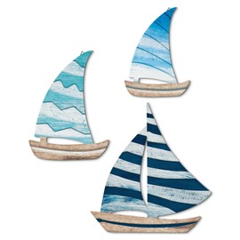 Putuo Decor Sailing Boat Wall Decoration Set of 3 - Maritime Style Wood Look - Boat Wall Decoration for Living Room, Bedroom, Bathroom, Hallway, Holiday Home, Blue