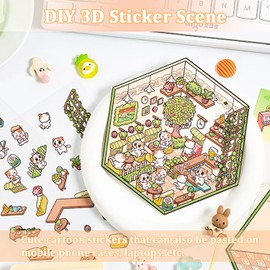 4 Sets DIY 3D Sticker Scene, DIY 3D House Stickers, Make Your Own Sticker Rabbit Garden | Penguin Bedroom | Panda Dessert | Cat Cafe Funny Cartoon Stickers Scene with Tool, Miniature Sticker Scene