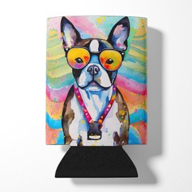 Caroline's Treasures Boston Terrier Hippie Dawg Can or Bottle Hugger Cooler Washable Drink Sleeve Collapsible Beverage Insulated Holder, Can Hugger, Multicolor