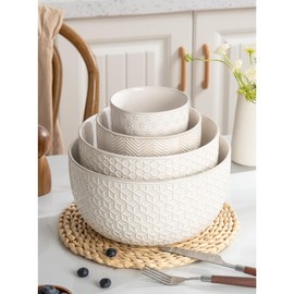 MIKIGEY Ceramic Mixing Bowls, Embossed Nesting Bowls, Mixing Bowl Set of 4, Mixing Bowls for Cooking, Baking, Serving, Popcorn, Salad etc, Microwave and Dishwasher Safe, 20/47/99/148 oz, Off-White
