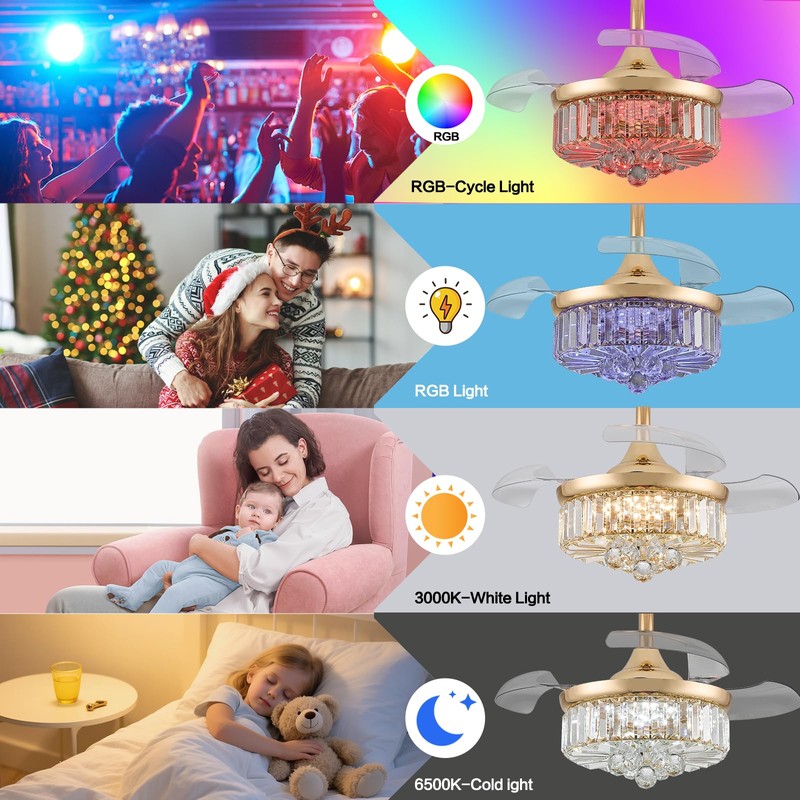 Zynfandor 30" Retractable Crystal Ceiling Fan with Light, RGB Modern