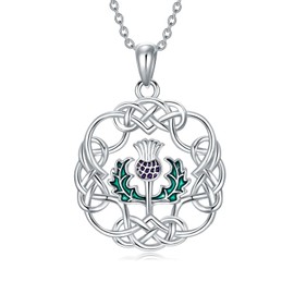 PROESS Scottish Thistle Necklace 925 Sterling Silver Celtic Knot Necklace Scottish Thistle Cirsium Pendant Scottish Jewellery Gifts for Women and Girls, Sterling Silver