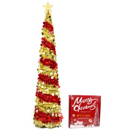 6FT Pop up Christmas Tree Collapsible Tinsel Christmas Tree Slim Shiny Sequins Xmas Tree with Topper Star, Artificial Easy-Assembly Reusable Xmas Tree for Holiday Indoor Home Party Decor(Red+Gold)