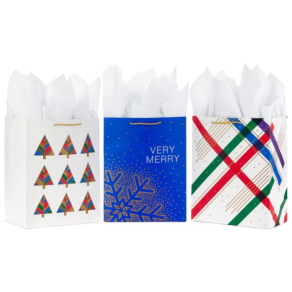 Hallmark 13" Large Christmas Gift Bags with Tissue Paper (3 Bags: Modern Trees, Gold Snowflake, Abstract Stripes) in Blue, Red, Green, White, Gold