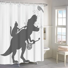ASDCXZ Funny Shower Curtain, 180 x 200 cm, Simplicity Funny Cat Dinosaur, White, Washable Textile Bathroom Curtains, Polyester Fabric, Waterproof Shower Curtains for Bathtub with 12 Shower Curtain