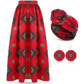 3 Pcs Women African Skirt Printed Maxi Skirt Long Skirts with Pockets Boho Casual Dress Head Wrap Scarf Drop Dangle Earrings (Large) Multicolored